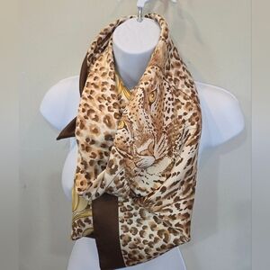 Satin Leopard Graphic & Print Scarf Square 34x34 Inches Brown Gold